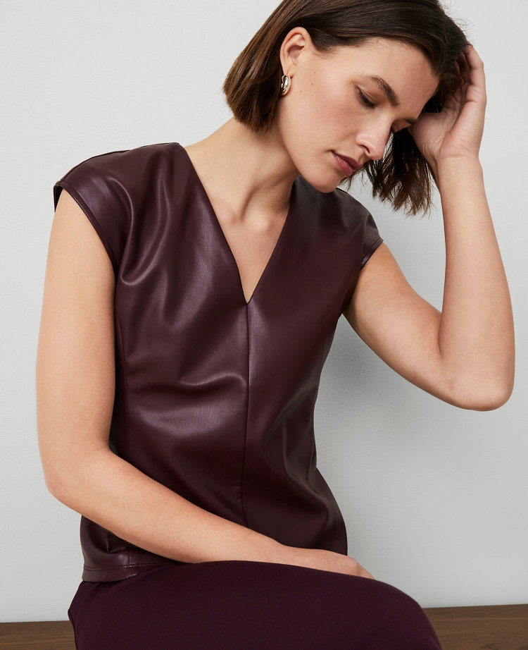Petite Faux Leather V-Neck Cap Sleeve Top