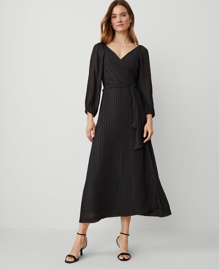 metallic stripe midi wrap dress