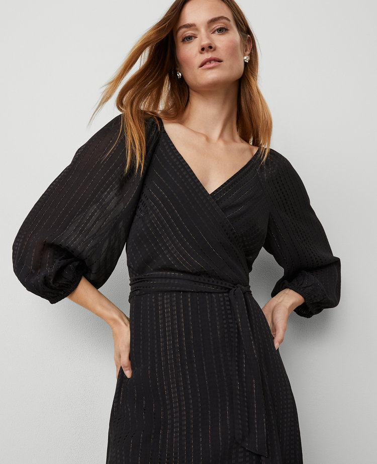 Metallic Stripe Midi Wrap Dress