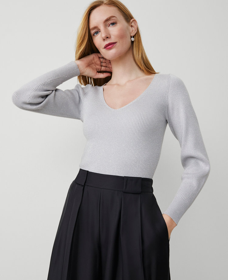 Shimmer V-Neck Ribbed Sweater