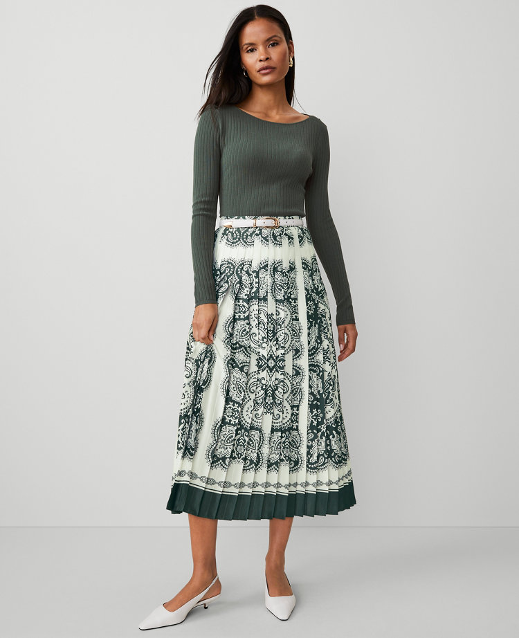 Paisley Satin Pleated Midi Skirt