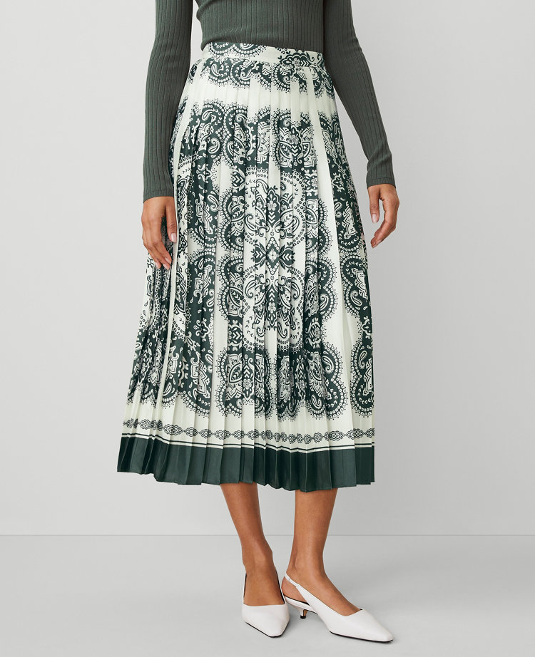 Paisley Satin Pleated Midi Skirt