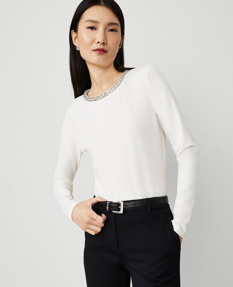 Petite Jeweled-Neck Top