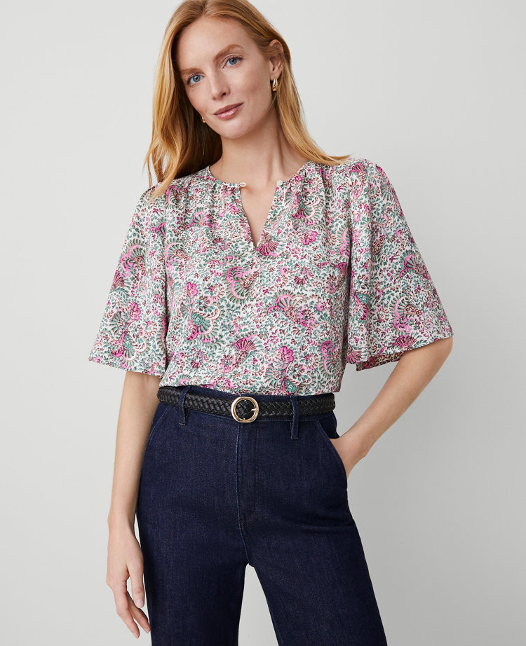 Ann Taylor Floral Draped Sleeve Blouse Orchid Glow Women's