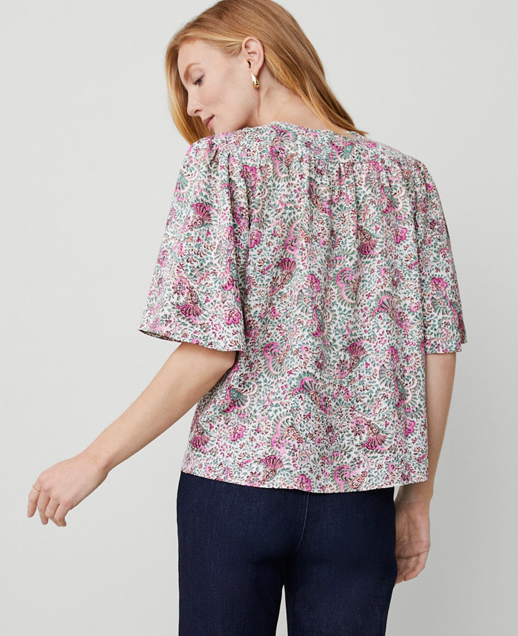 Ann Taylor Floral Draped Sleeve Blouse Orchid Glow Women's