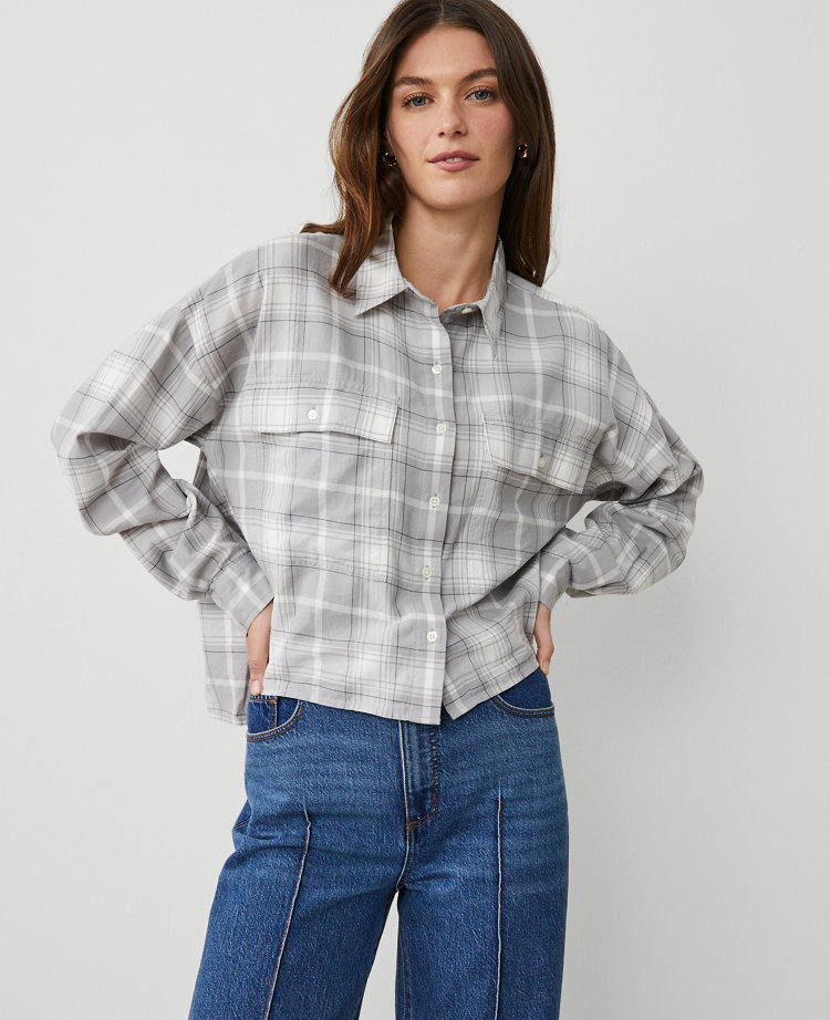 Weekend Collection Plaid Oversized Cropped Pocket Shirt