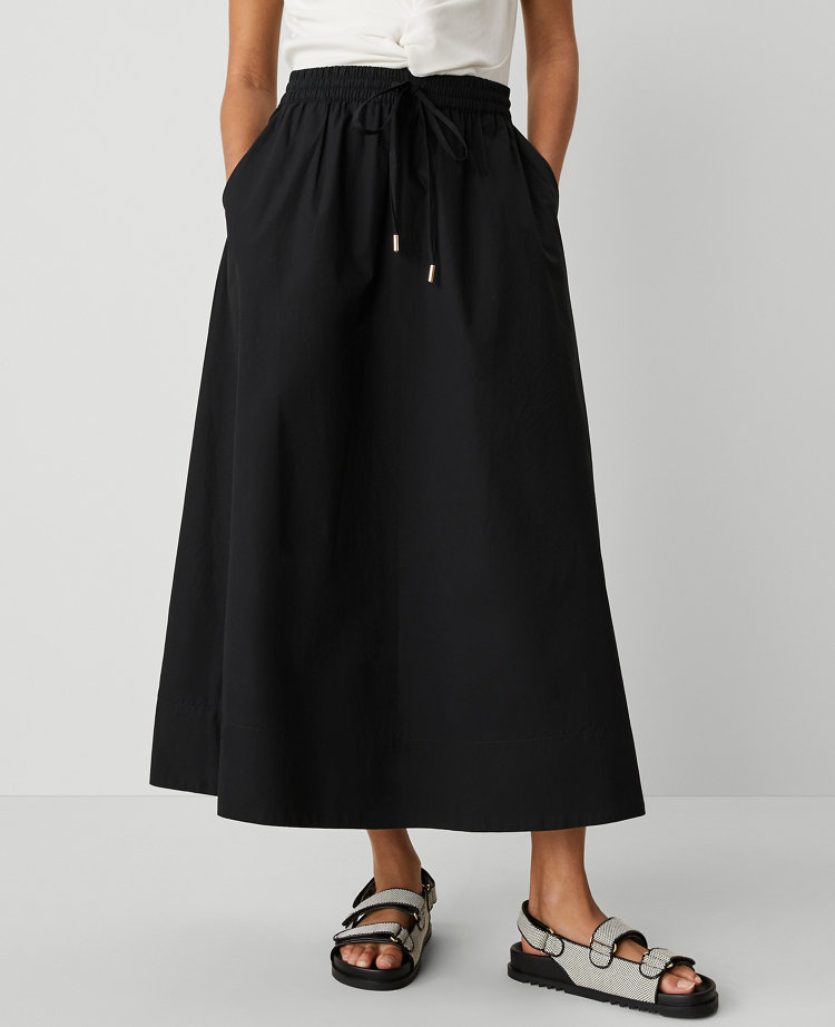 Ann Taylor Weekend Collection Voile Drawstring Midi Skirt Black Women's