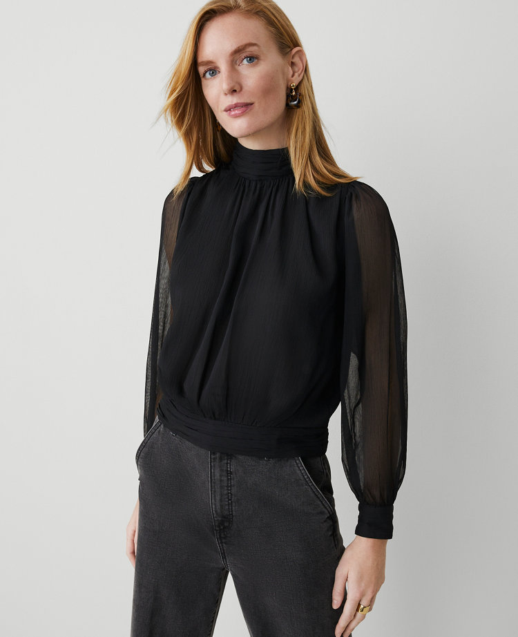 Chiffon Shirred Mock Neck Popover