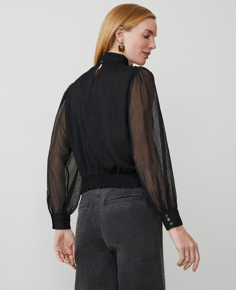 Chiffon Shirred Mock Neck Popover