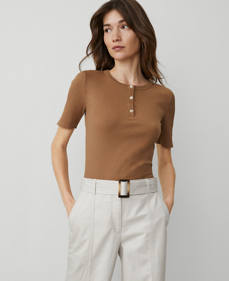 Weekend Collection Ribbed Henley Top - French Toast