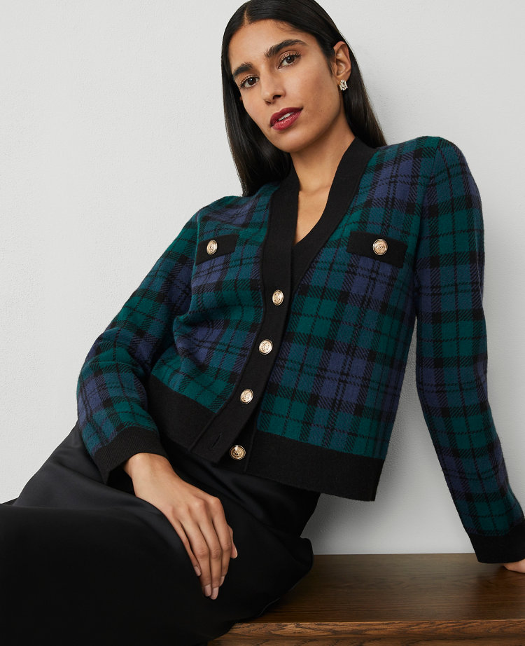 Petite Plaid Jacquard V-Neck Cardigan