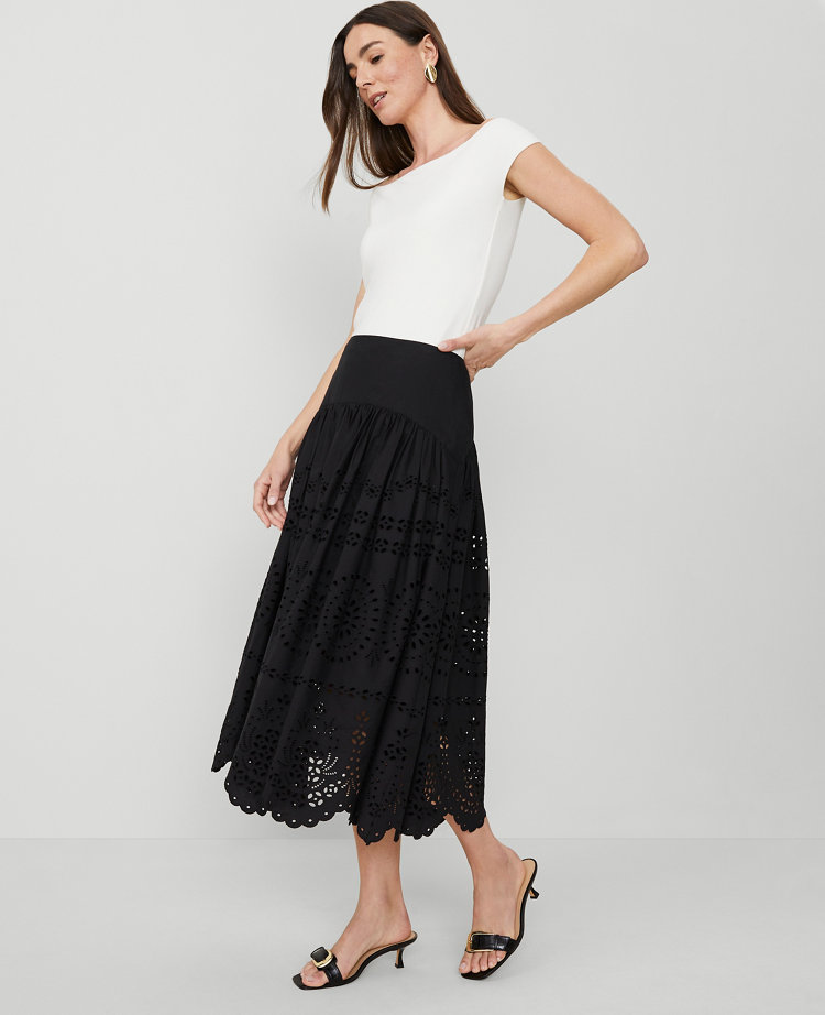 Eyelet Yoke Midi Skirt