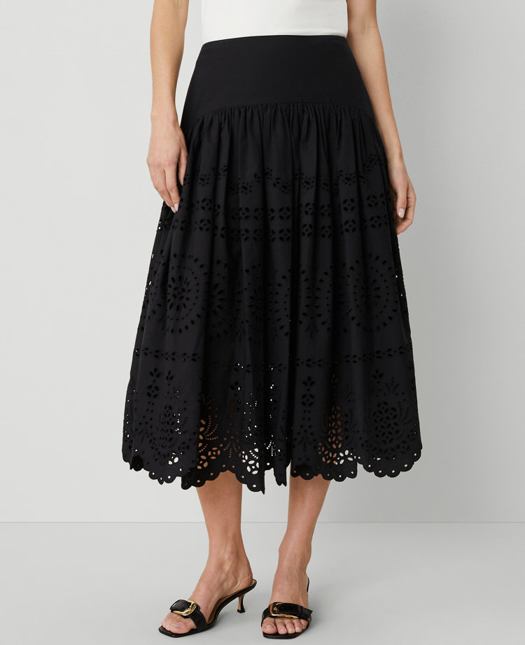 Eyelet Yoke Midi Skirt