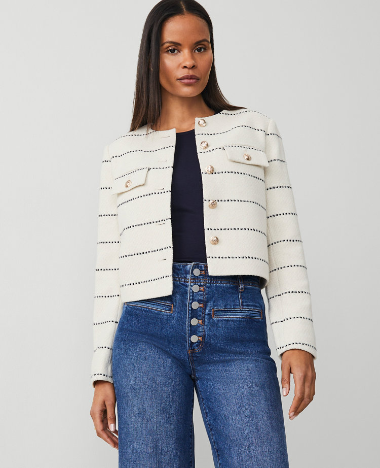 Petite Striped Tweed Crew Neck Jacket