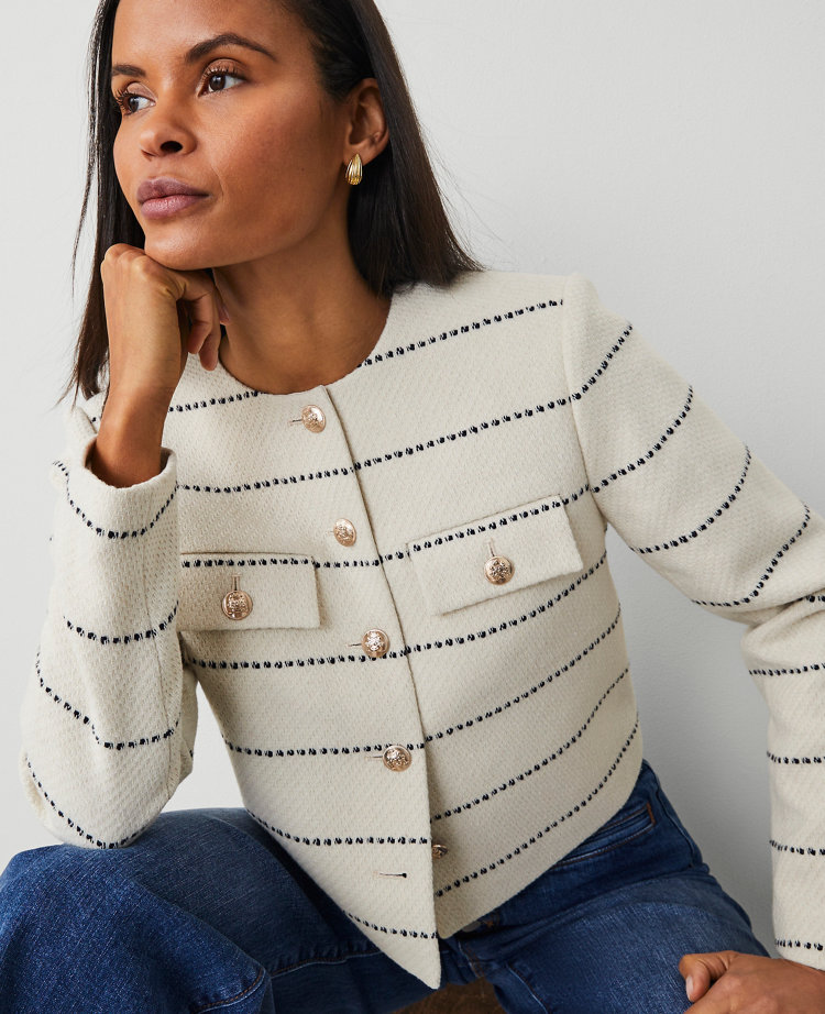 Petite Striped Tweed Crew Neck Jacket