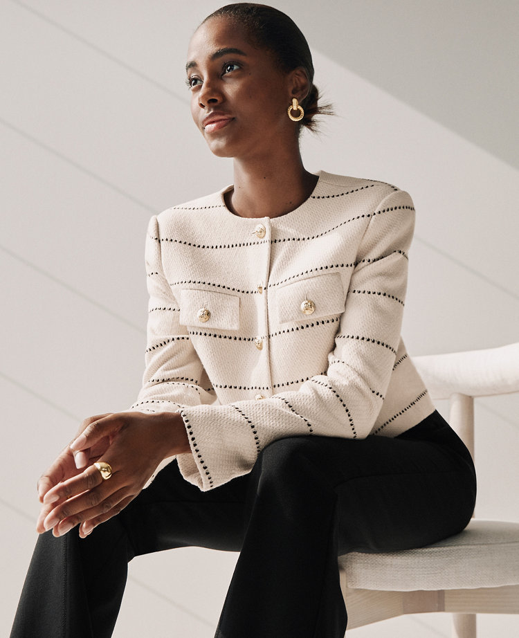 Petite Striped Tweed Crew Neck Jacket