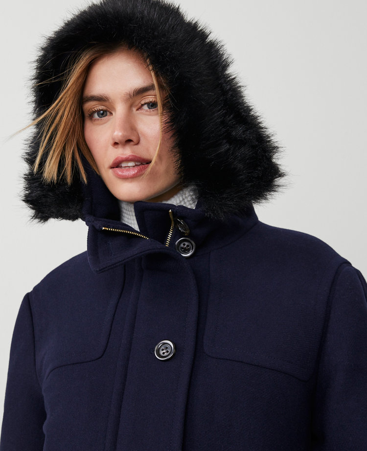 Petite Weekend Collection Faux Fur Trim Duffle Coat