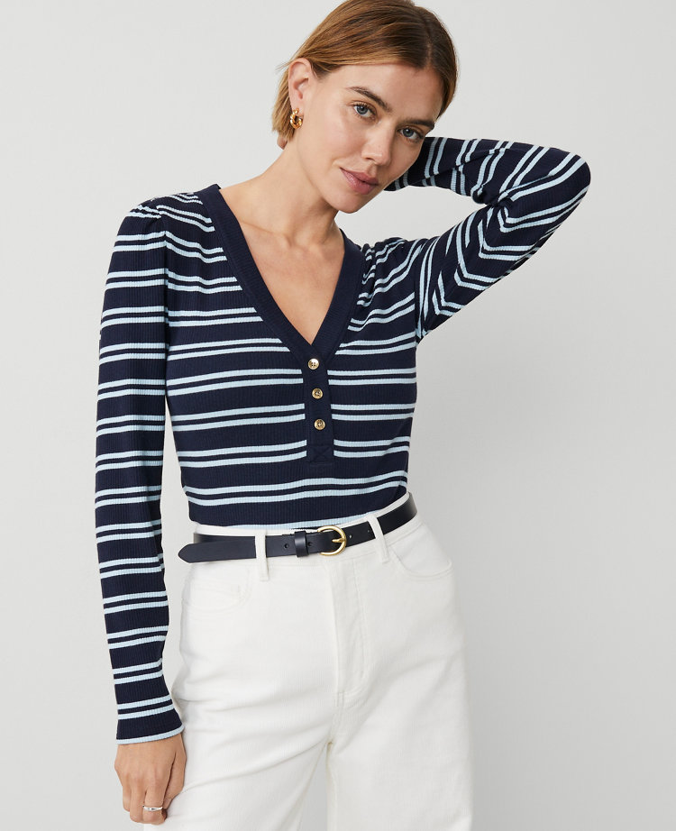 Petite Striped Puff Sleeve Henley Top