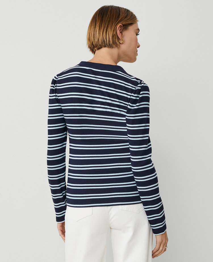 Petite Striped Puff Sleeve Henley Top