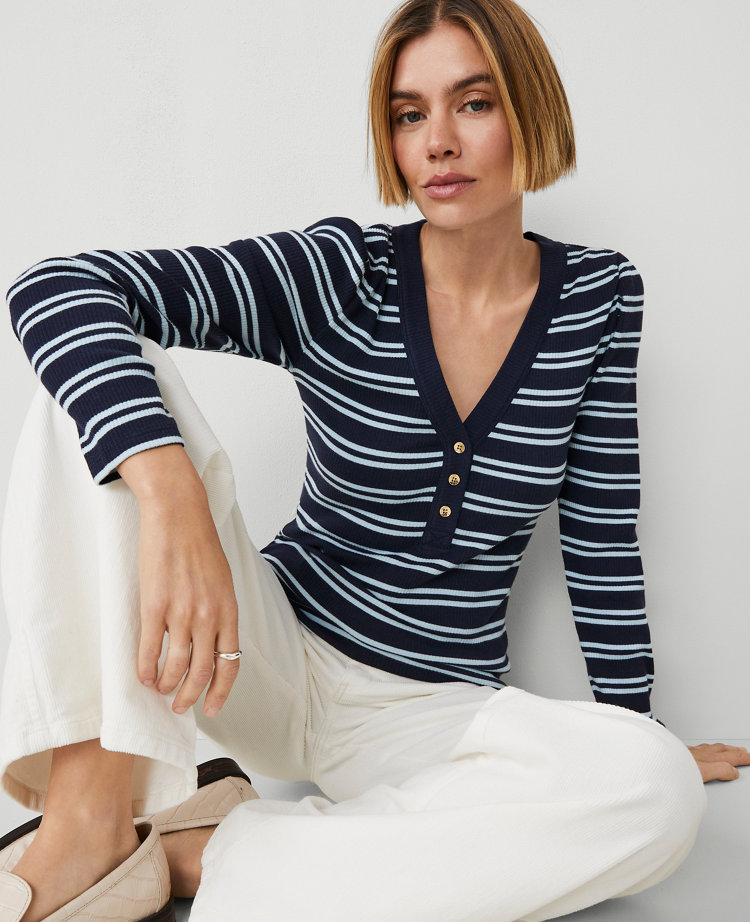 Petite Striped Puff Sleeve Henley Top