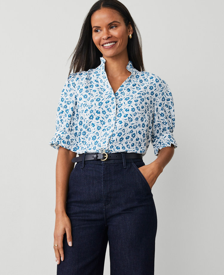 Petite Floral Ruffle Collar Shirt