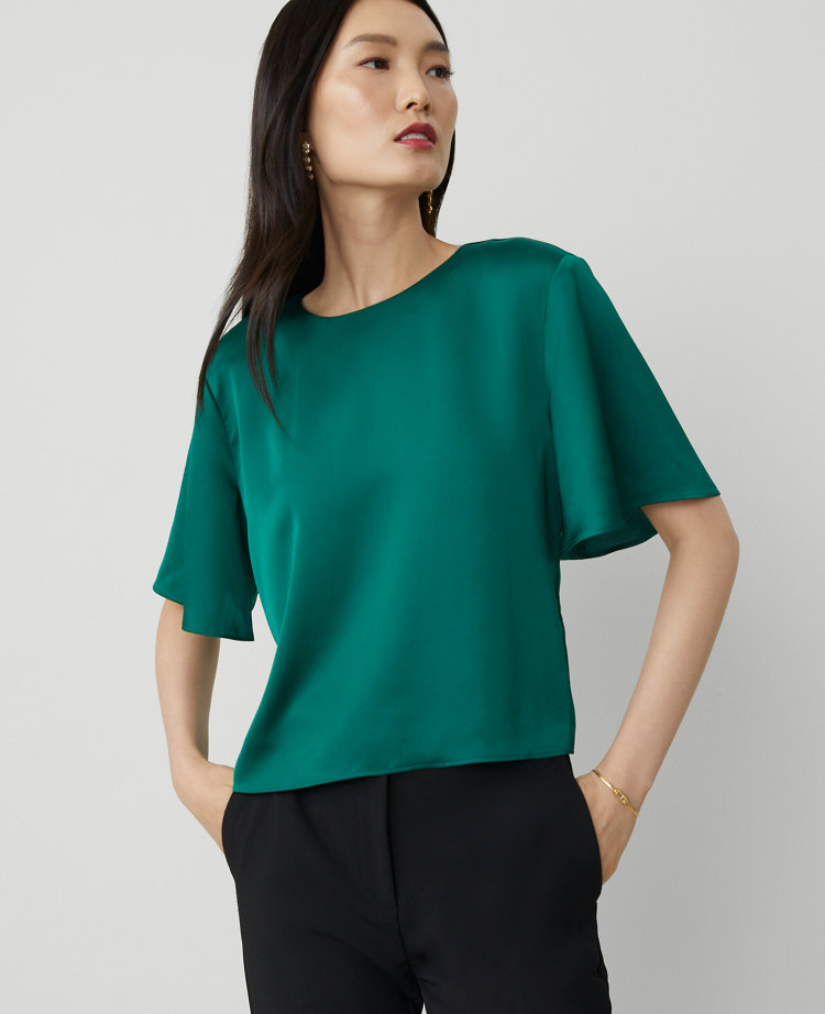 Petite Satin Flutter-Sleeve Tee