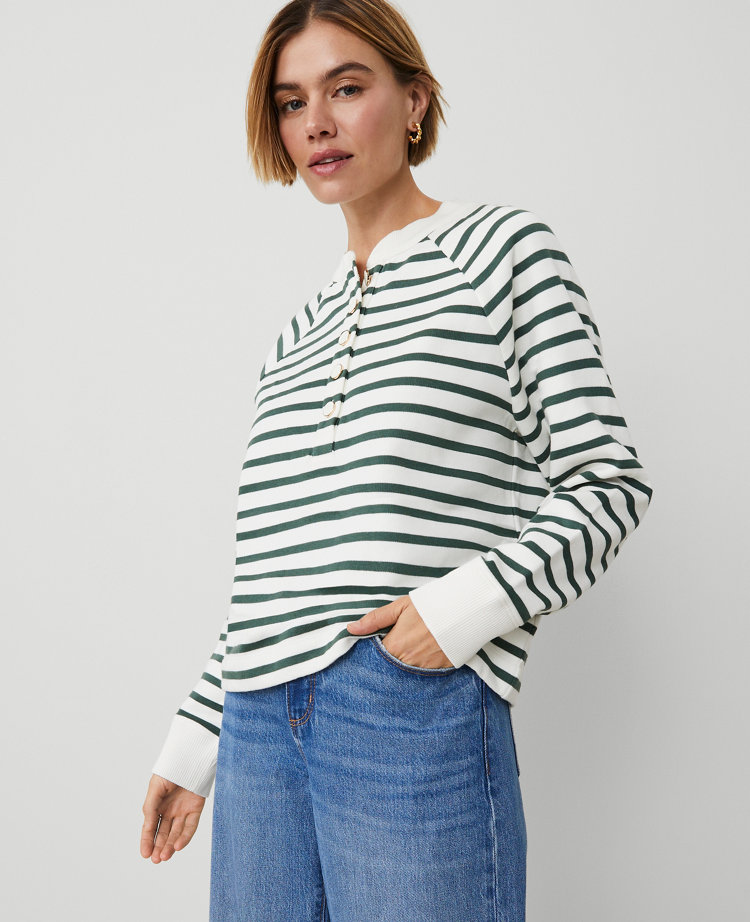 Petite Striped Henley Sweatshirt