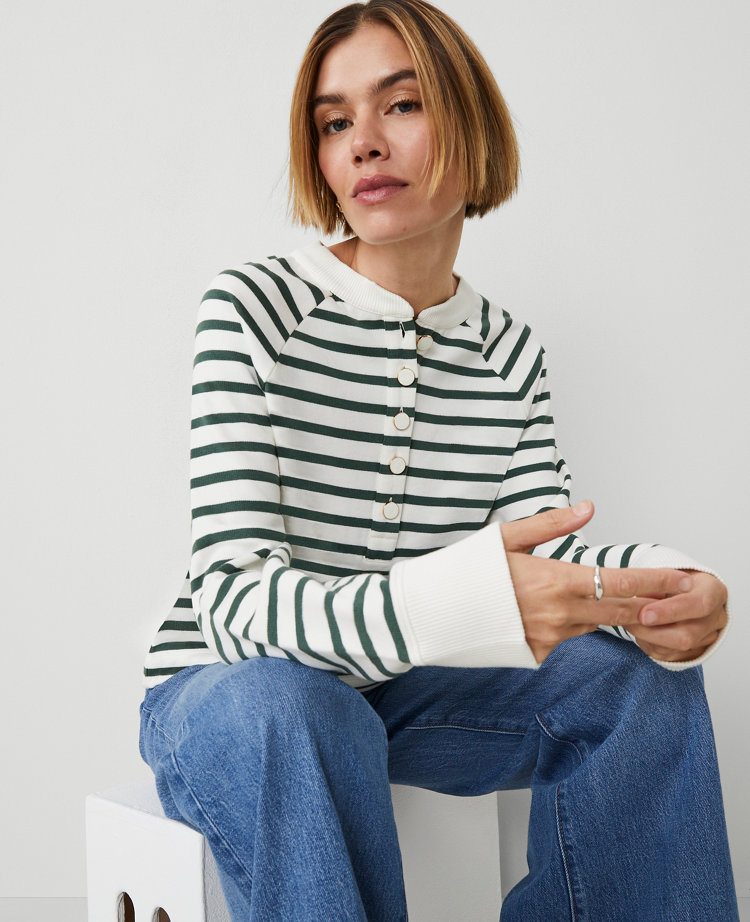 Petite Striped Henley Sweatshirt