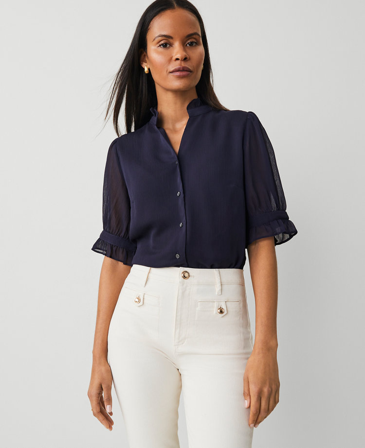 Petite Crinkle Ruffle Collar Shirt