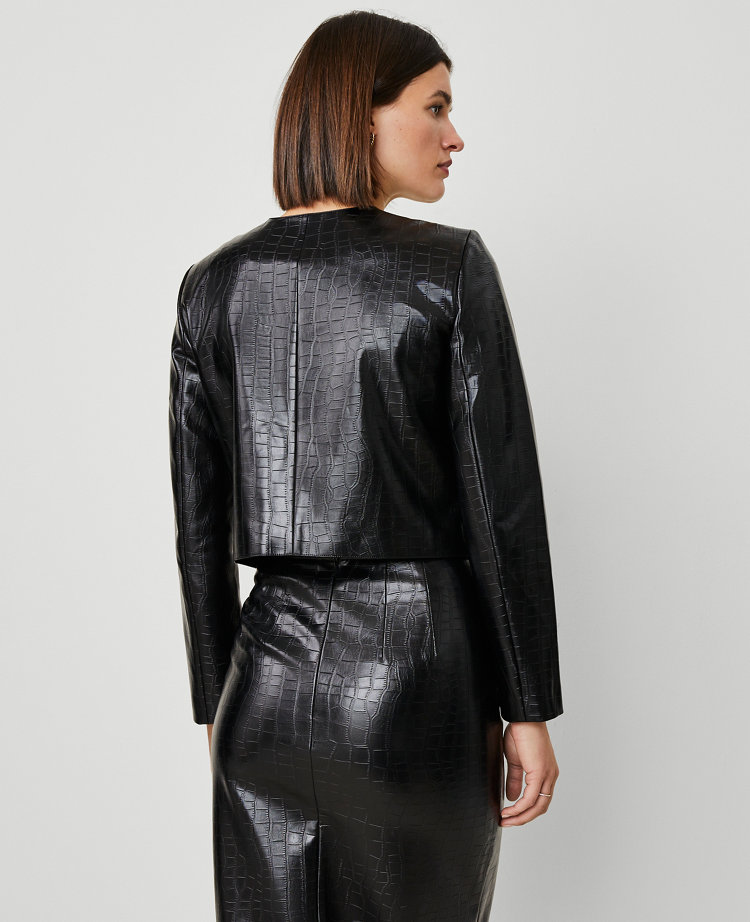 Petite Embossed Faux Leather Cropped Jacket