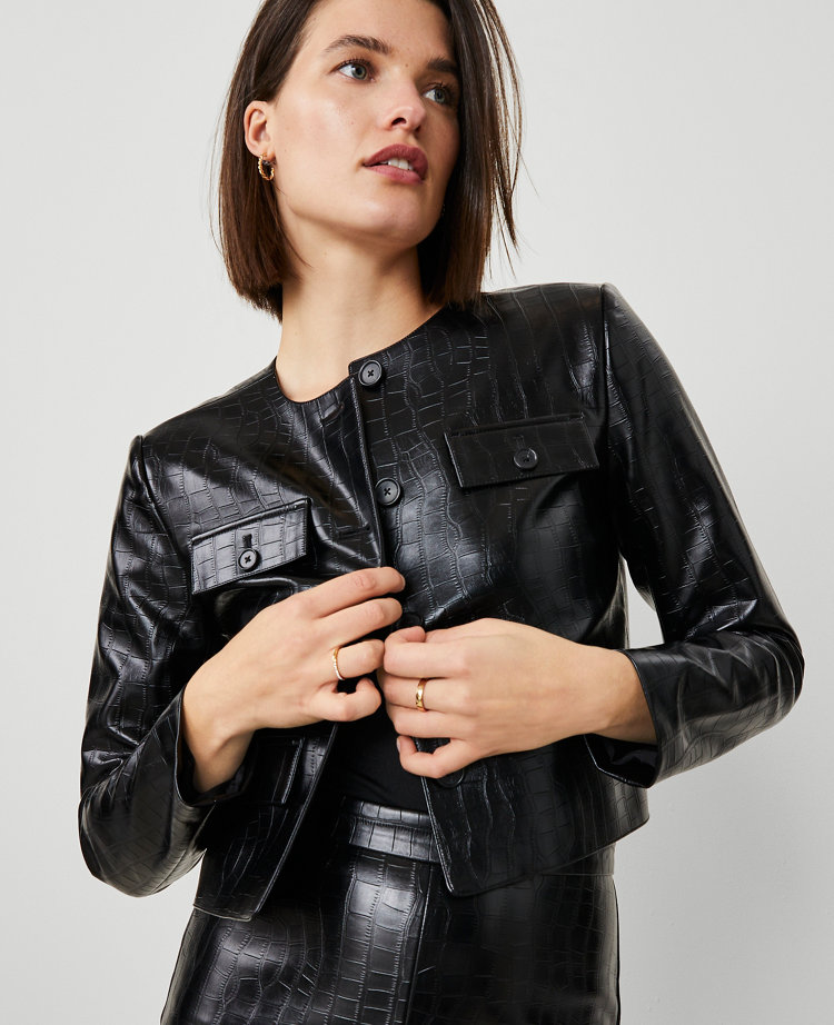 Petite Embossed Faux Leather Cropped Jacket