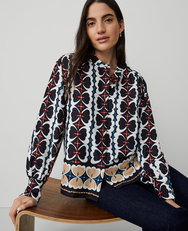 Ann Taylor Petite Geo Border Shirt Size Large Night Sky Women's