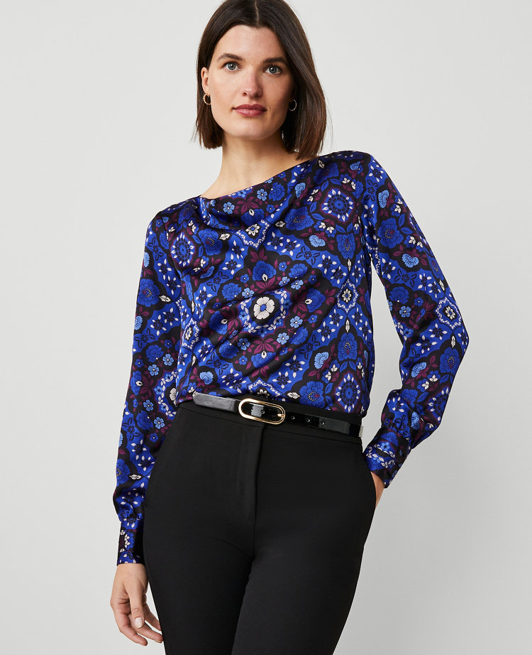 Tiled Pleated Cuff Cowl Neck Blouse