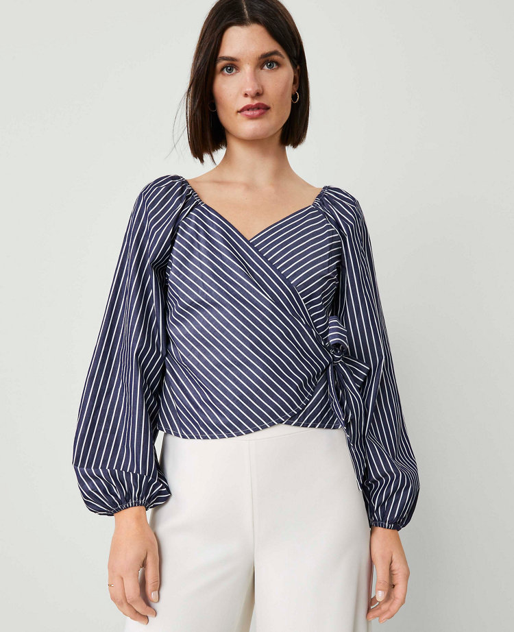 Petite Striped Wrap Tie-Waist Blouse carousel Product Image 1