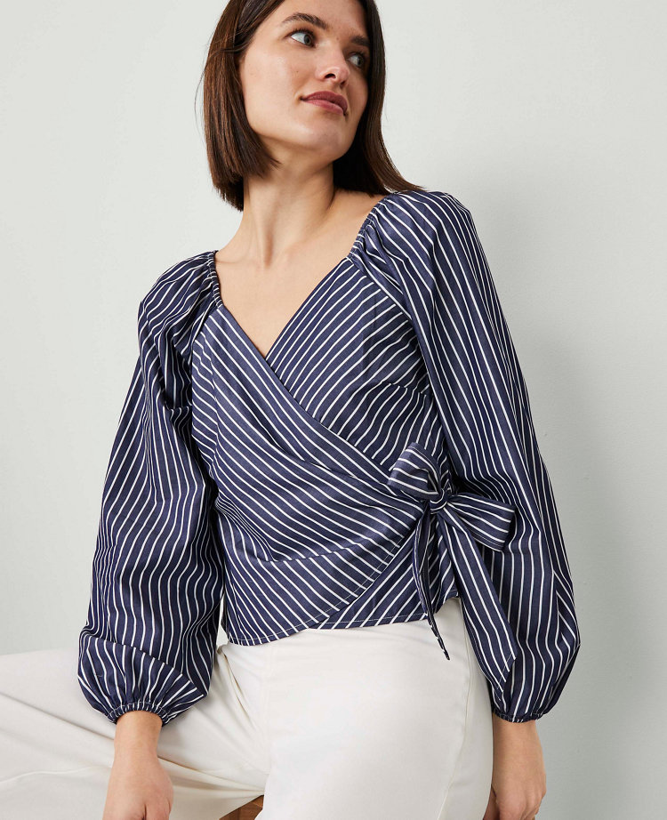 Petite Striped Wrap Tie-Waist Blouse carousel Product Image 3