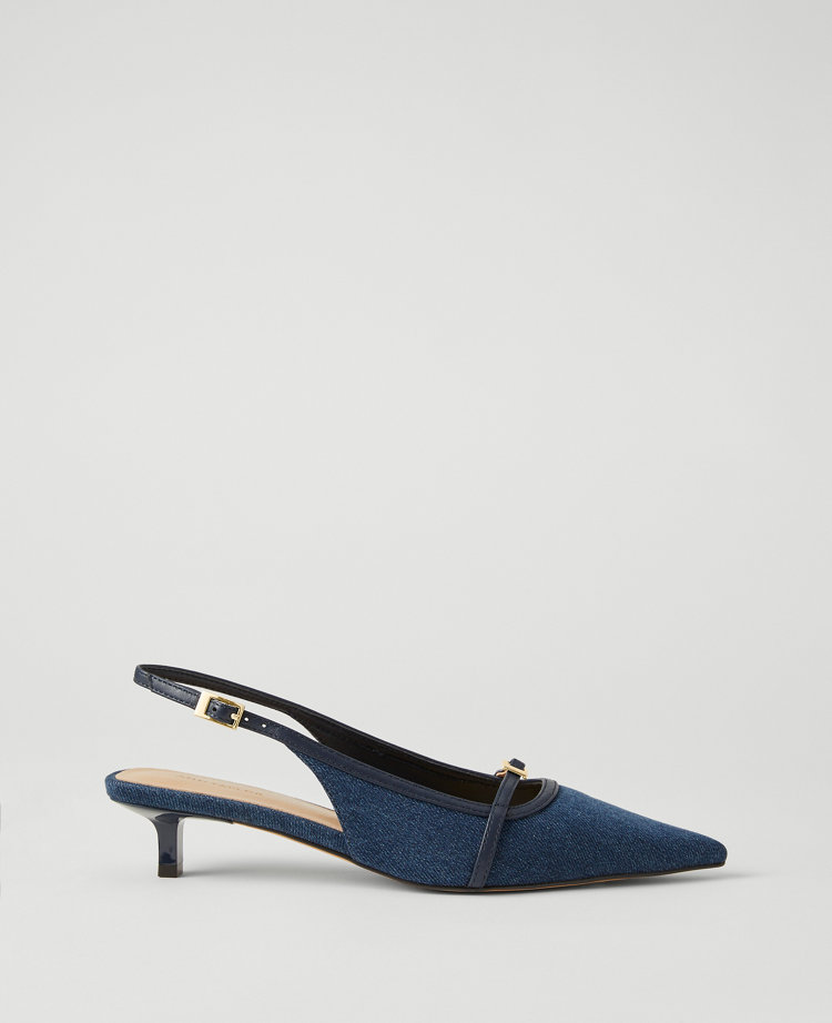 Denim Buckle Kitten Heel Pumps