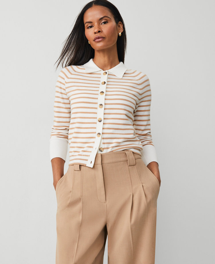 Petite Striped Collared Cardigan