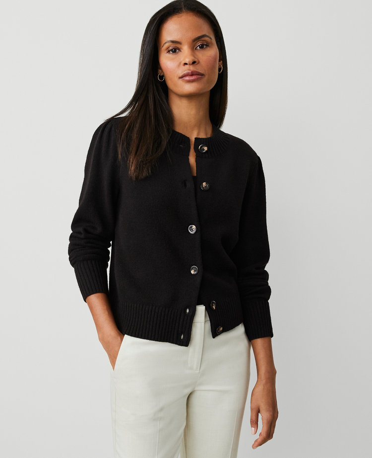 Petite Ribbed Trim Puff Sleeve Cardigan