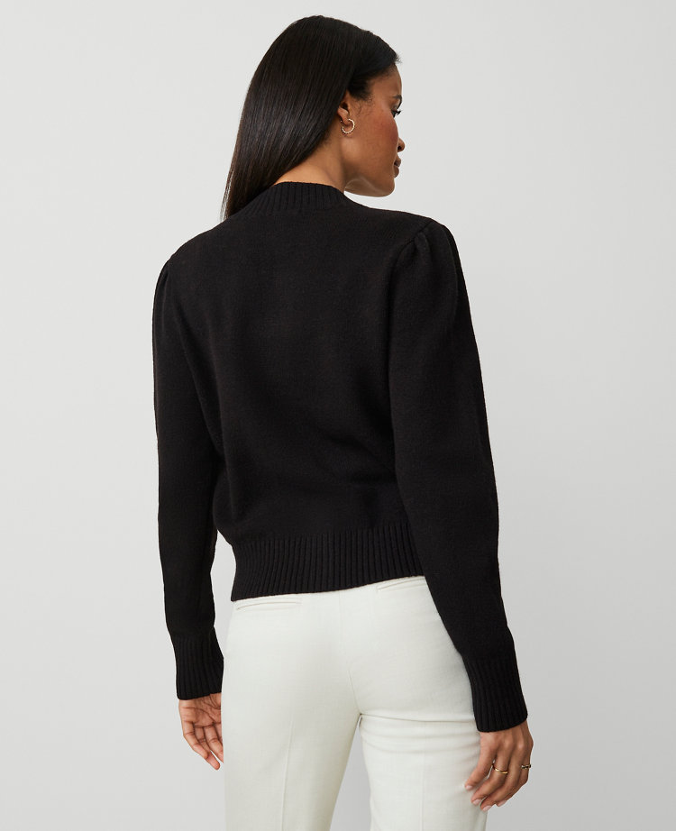 Petite Ribbed Trim Puff Sleeve Cardigan