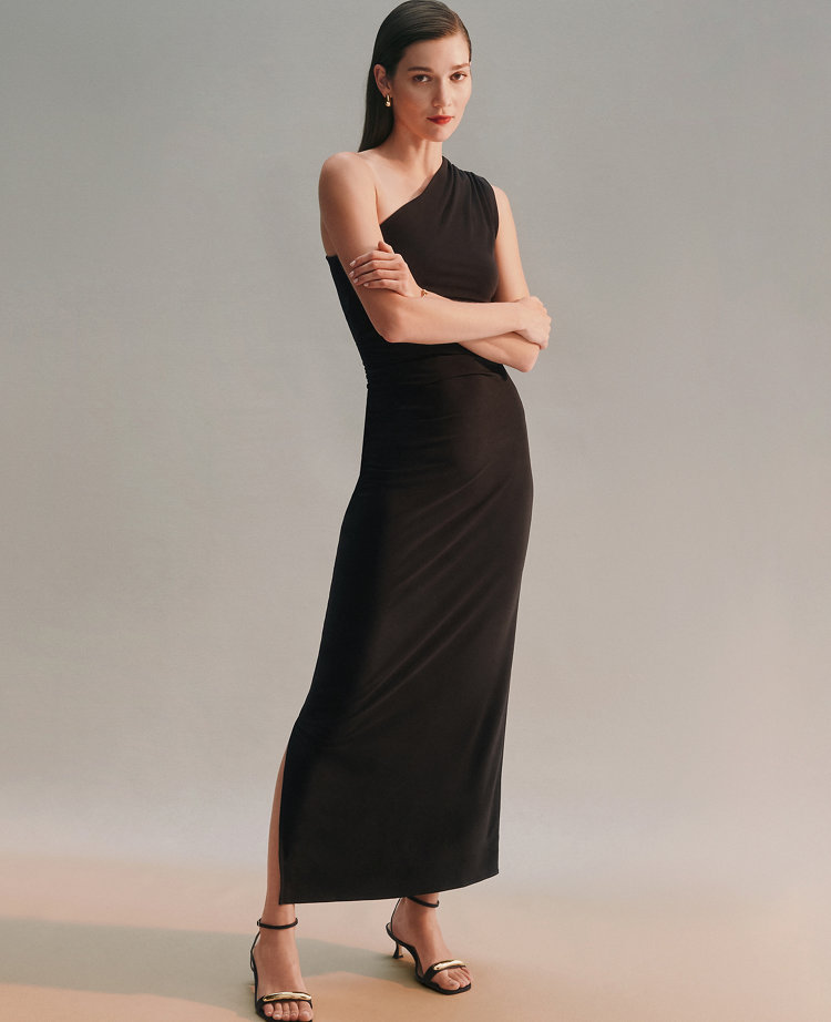 One Shoulder Shirred Midi Dress