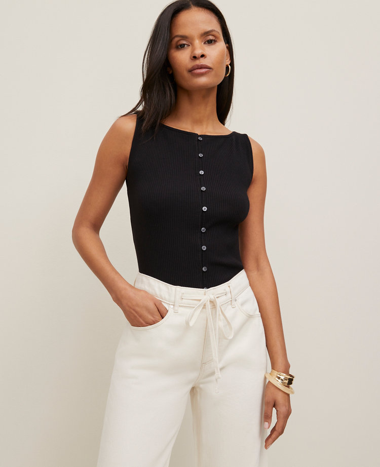Ann Taylor Ribbed Sleeveless Button Top