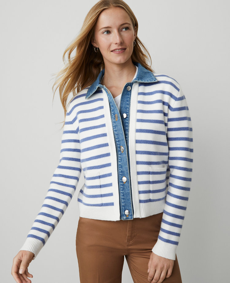 Petite Weekend Collection Striped Denim Sweater Jacket