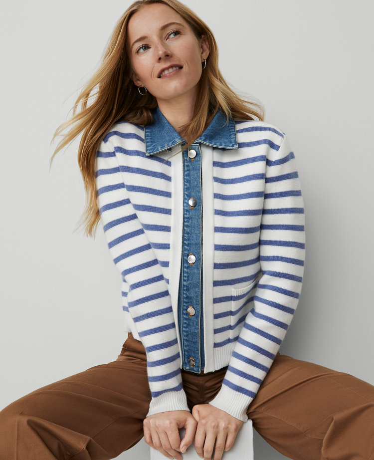Petite Weekend Collection Striped Denim Sweater Jacket