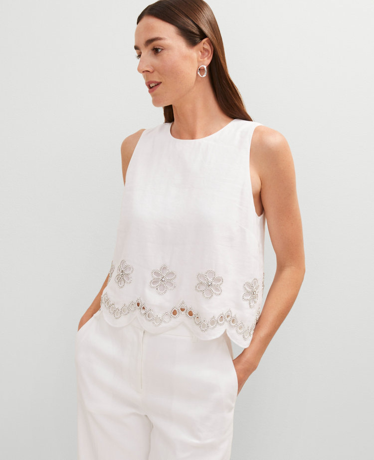 Studio Collection Embroidered Linen Blend Tank Top