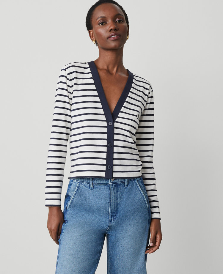 Petite Striped V-Neck Cardigan