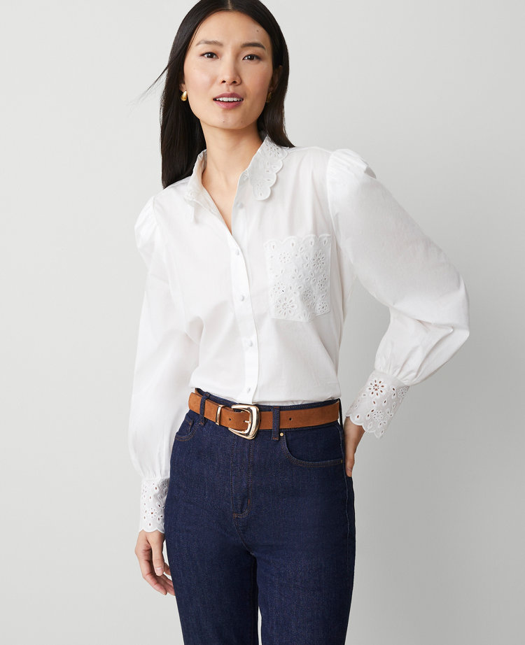 Petite Eyelet Embroidered Pocket Shirt