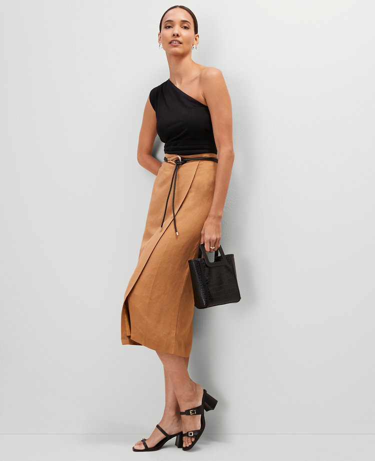 Belted Wrap Midi Skirt in Linen Blend