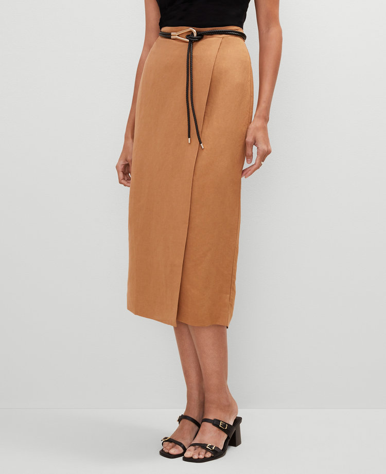 Belted Wrap Midi Skirt in Linen Blend