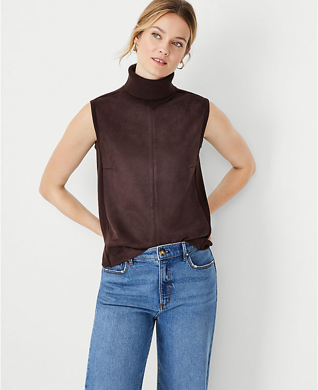 Faux Suede Mixed Media Turtleneck Sleeveless Sweater