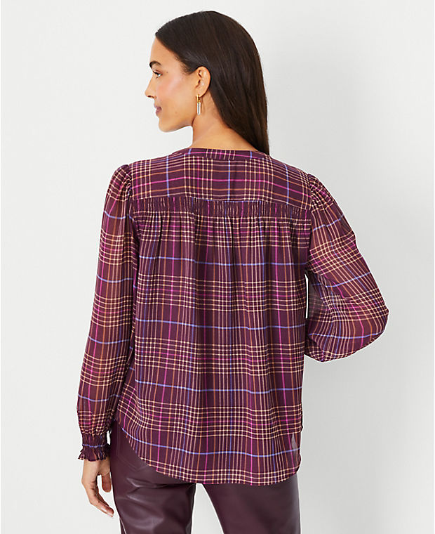 Plaid Smocked Button Front Top